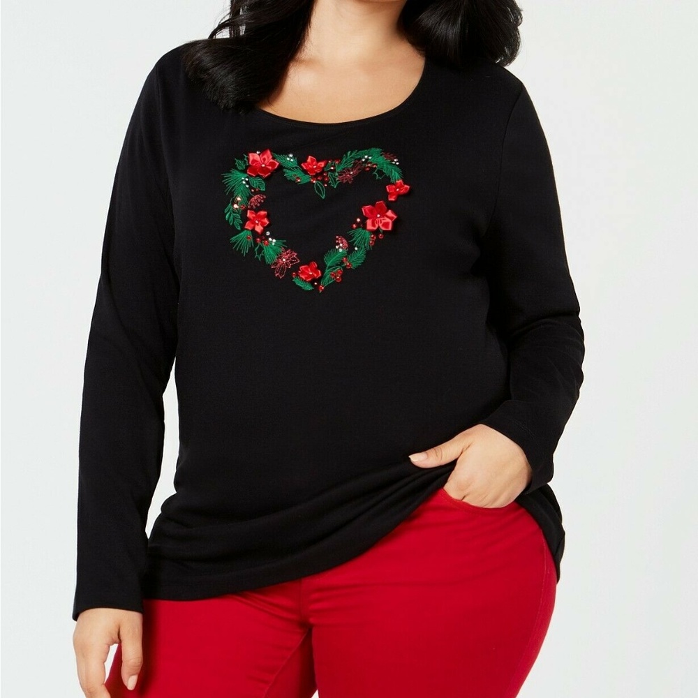 🎅 Karen Scott Size 1X Holiday Heart T-Shirt NWT - Picture 1 of 3